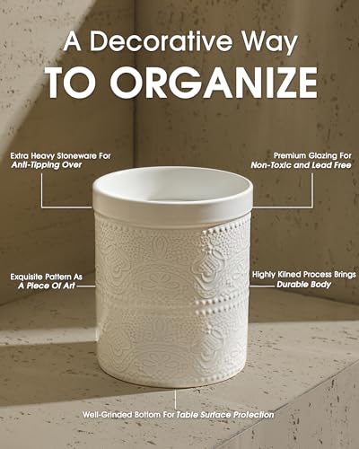 Kitchen Utensil Holder, 7.2" Super Large Utensil Crock Heavy and Stable Lace Emboss Ceramic Utensil Holder for Kitchen Counter (Bright White) - color: Bright White