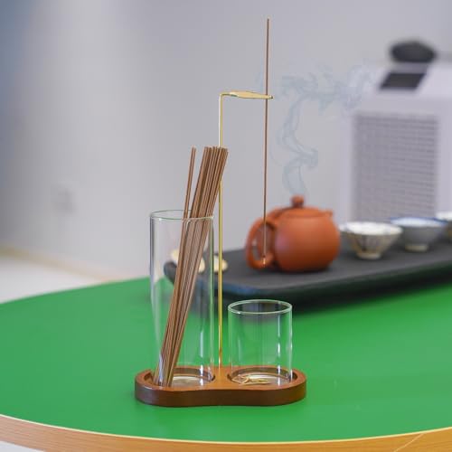 Modern 2-in-1 Incense Holder with Glass Ash Catcher, Featuring a Wood Tray, Metal Rod & 2 Glass Cups for Organized Burning. Perfect for a Clean Desk, Zen Meditation, Yoga and Home Decor