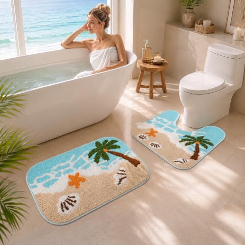 2 Piece Beach Bathroom Rug Set, Absorbent Bath Mat and U-Shaped Toilet Rug | Small-Space Coastal Refresh, Ocean-Wave Details, Two-Zone Floor Coverage, Soft Quick-Dry Comfort, TPR Grip, Machine Wash Care - color: Blue Beach