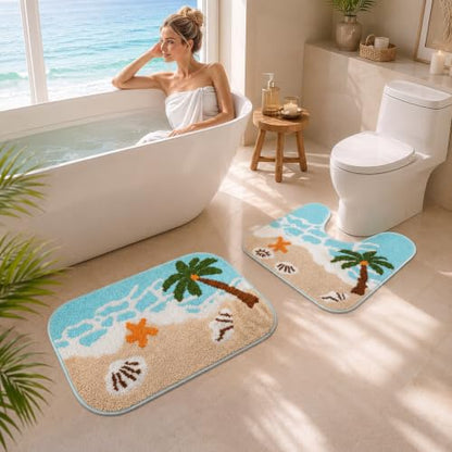2 Piece Beach Bathroom Rug Set, Absorbent Bath Mat and U-Shaped Toilet Rug | Small-Space Coastal Refresh, Ocean-Wave Details, Two-Zone Floor Coverage, Soft Quick-Dry Comfort, TPR Grip, Machine Wash Care - color: Blue Beach