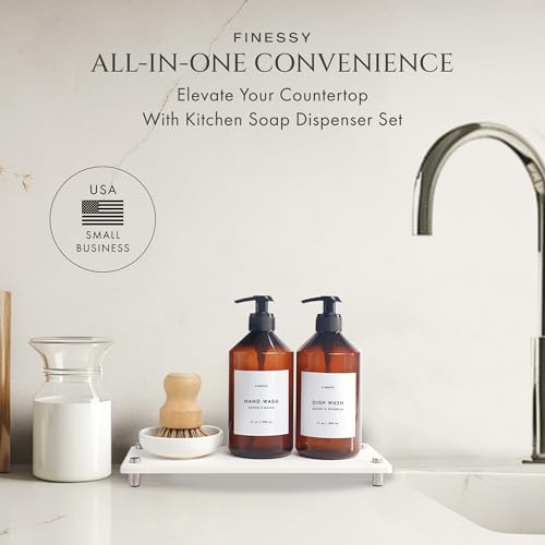 FINESSY 500ml Bathroom and Kitchen Soap Dispenser Set with Tray and Brush | BPA Free PET Plastic Amber Soap Dispensers, Not Breakable Glass. Marble-Look Tray, 18 Waterproof Labels, Pumps, Funnel, Brush - color: Luxe Amber