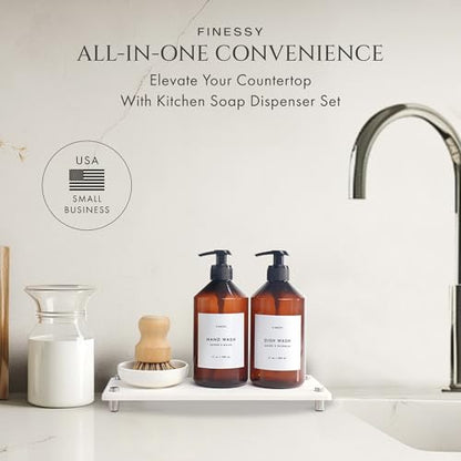 FINESSY 500ml Bathroom and Kitchen Soap Dispenser Set with Tray and Brush | BPA Free PET Plastic Amber Soap Dispensers, Not Breakable Glass. Marble-Look Tray, 18 Waterproof Labels, Pumps, Funnel, Brush - color: Luxe Amber