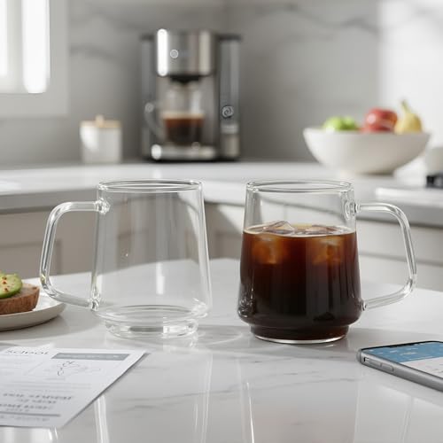 Aquach 20oz Stackable Glass Mugs Set of 2, Large Clear Coffee Tea Cups | Dishwasher/Microwave Safe, Borosilicate Glass, Comfort Handle, Smooth Rim, Stackable, Large Capacity - size: 20 oz
