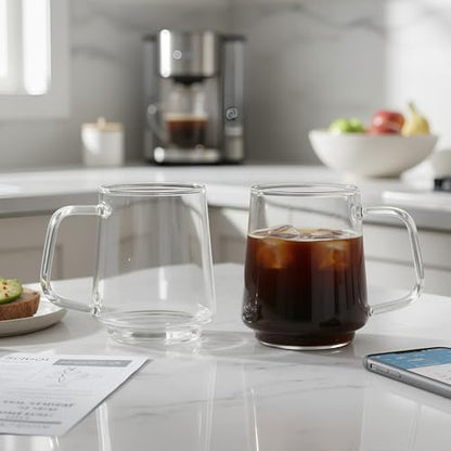 Aquach 20oz Stackable Glass Mugs Set of 2, Large Clear Coffee Tea Cups | Dishwasher/Microwave Safe, Borosilicate Glass, Comfort Handle, Smooth Rim, Stackable, Large Capacity - size: 20 oz