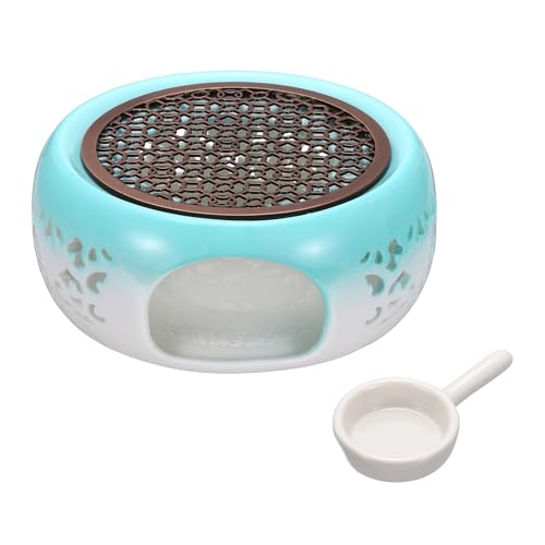 uxcell Teapot Warmer, Ceramic Tea Warmer Ceramic Teapot Heater with Alloy Pad Tealight Holder for Heating Coffee Milk Water Heatproof Dish Warming Use, Blue White Ocean Flower Design - color: Blue
