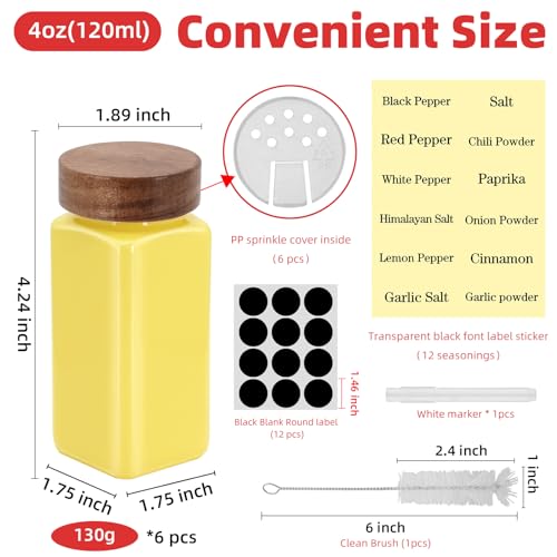 6Pcs 4 oz Square Glass Spice Jars with Label, Empty Spice Containers with Wooden Lids, Square Seasoning Containers and Supplement Set, Small Seasoning Bottles for Salt, Sugar, Pepper (Yellow) - color: Yellow