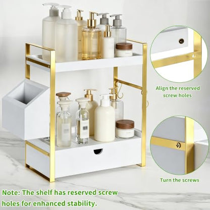 2-Tier Bathroom Counter Organizer, Wooden Vanity Shelf with Drawer & Basket | Pre-Drilled Holes, Skincare & Makeup Countertop Organizer and storage, White-gold - color: White-gold