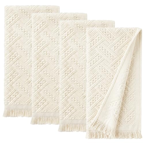 4-Pack Luxury Decorative Cotton Hand Towels for Bathroom Super Absorbent with Jacquard Weave&Fringe – 13x29.1" Beige Boho Hand Towel Set,Soft Face Towel for Boho Bathroom Decor Kitchen Hotel Spa Guest - color: Beige