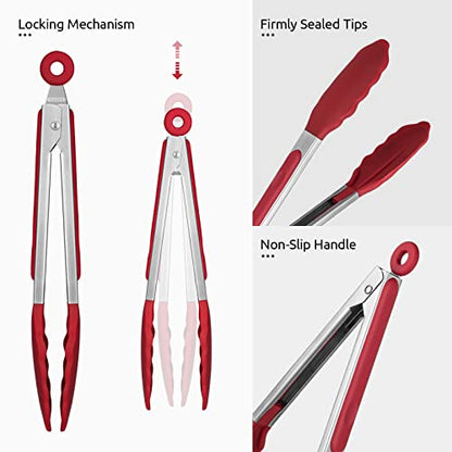 U-Taste 600ºF High Heat 9in Silicone Kitchen Tong and 600ºF Heat Resistat Spatula Spoon Flexible Silicone Cooking Scoop Spoonula (Red)