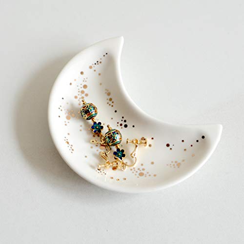 Small Moon Jewelry Dish Tray, White | Decorative Ceramic, Trinket Dish, Modern Accent Tray, For Vanity - color: White
