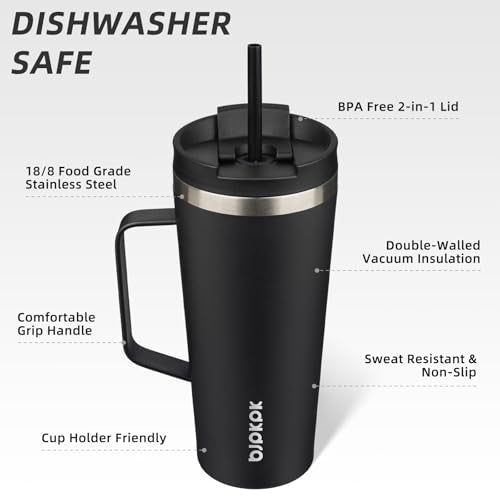 BJPKPK 22oz Insulated Tumbler with Handle, Lid & Straw, Stainless Steel | Double Wall Vacuum Insulated Coffee Travel Mug - Keeps Cold & Hot, BPA Free, Cupholder Fit for Office, Gym & Travel - color: Black, size: 22 Ounces