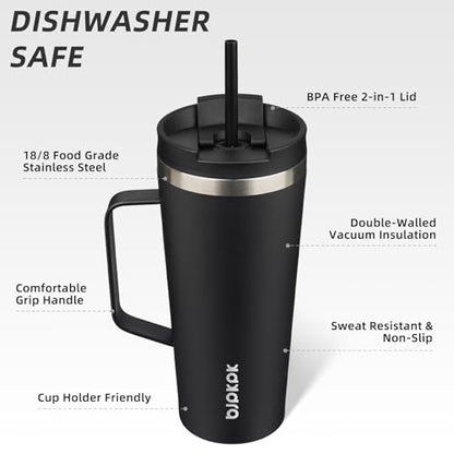 BJPKPK 22oz Insulated Tumbler with Handle, Lid & Straw, Stainless Steel | Double Wall Vacuum Insulated Coffee Travel Mug - Keeps Cold & Hot, BPA Free, Cupholder Fit for Office, Gym & Travel - color: Black, size: 22 Ounces