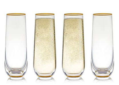 Stemless Champagne Flute Glass Set Of 4 With Gold Rim And Base - Mimosa Glass - Perfect For Bridesmaid Champagne Flute Or Dailyware - Set Of 4 Champagne Flutes Without Stems by Trinkware