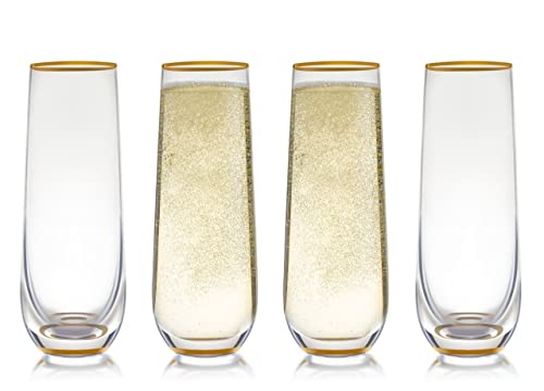 Stemless Champagne Flute Glass Set Of 4 With Gold Rim And Base - Mimosa Glass - Perfect For Bridesmaid Champagne Flute Or Dailyware - Set Of 4 Champagne Flutes Without Stems by Trinkware