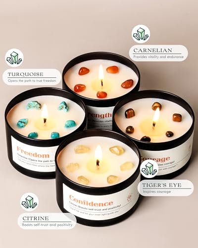 AOOVOO Crystal Empower Candles Set for Women - Soy Candle for Home Scented | 4 Pack 26 oz, 200 Hour Long Lasting Candle, Freedom Turquoise/Confidence Citrine/Strength Carnelian/Courage Tiger's Eye - color: Empower Candles Set