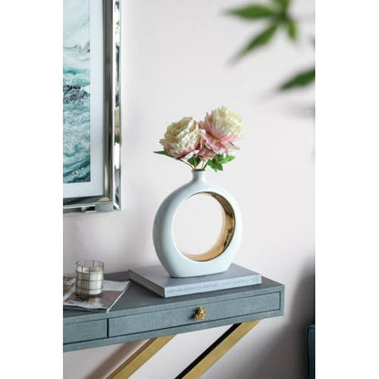 White and Gold Donut Vase Ceramic Hollow Round Flower Vase Minimalist Boho Home Decor for Wedding Party Dinner Table Living Room Office Bedroom