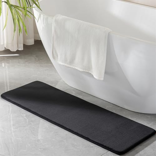 Narrow Bath Mat Long Black Skinny Memory Foam Bathroom Runner Rug Non Slip | Washable Soft Microfiber Bathroom Carpet Absorbent Bathrug for Tub,16" x 47" - color: Black, size: 16" x 47" (Runner)