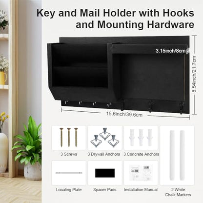 Key Holder for Wall Decorative, Wooden Mail Holder Wall Mount Organizer, Key and Mail Rack Key Hooks with Chalkboard and 2pcs White Pens for Home Entryway Hallway Doorway(Black)