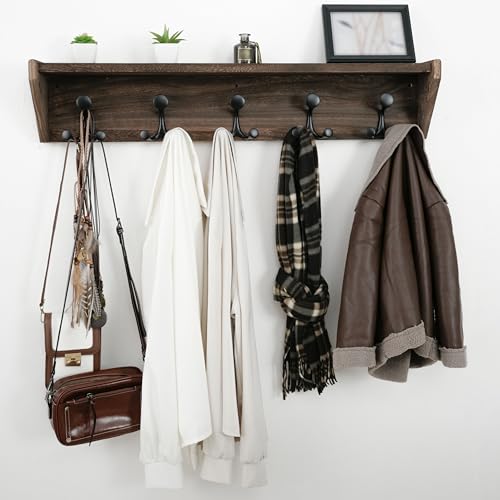 WEBI Wall Shelf with Hooks Underneath,35" Long Wall Mounted Coat Rack with Shelf,Entryway Coat Rack with 5 Triple Hooks for Hanging Coats,Jacket,Hallway,Bedroom,Mudroom,Weathered Brown - color: Weathered Brown, size: 35 Inch