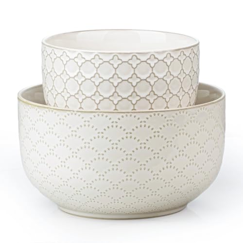 Mikiegy Ceramic Mixing Bowls Set of 2, Nesting Ceramic Embossment Stoneware Mixing Bowls for Cooking, Serving, Popcorn, Salad etc, Microwave & Dishwasher Safe, 44/98 oz, Off-White - size: 44&98 oz