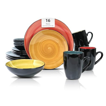 HomeVss Sonoma 16 Piece Stoneware Dinner Set, Outside Black + Inside Handpainted Mixed Colors Blue, Green, Red, Yellow with speckle - color: Combi Blue, Green, Red, Yellow
