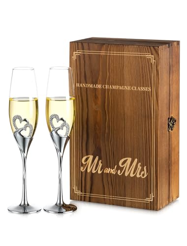 NUPTIO Crystal Champagne Flutes, Wedding Gifts for Couple, Silver, Set of 2 | Rhinestone Rimmed Heart Toasting Glasses with Wooden Gift Box for Engagement, Anniversary, Party, Bridal Showers, 6.76oz - color: Silver