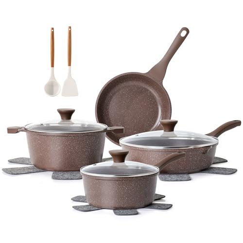 SENSARTE Nonstick Cookware Set 13-Piece, Healthy Pots and Pans Set Kitchen Cooking Set with Stay-Cool Handles, Silicone Utensils and Pot Protectors, PFOA Free - color: Toffee Brown