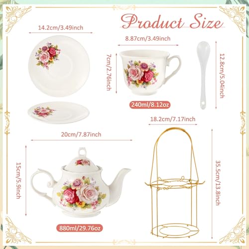 Zhehao 20 Pcs Porcelain Tea Set with Metal Holder and Spoon Adult Ceramic Tea Set European Flower Painting Teapot Cup Saucer Spoon for Women Mom Gift, Large Version (Modern Style) - color: Modern Style