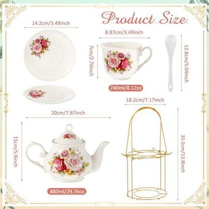 Zhehao 20 Pcs Porcelain Tea Set with Metal Holder and Spoon Adult Ceramic Tea Set European Flower Painting Teapot Cup Saucer Spoon for Women Mom Gift, Large Version (Modern Style) - color: Modern Style