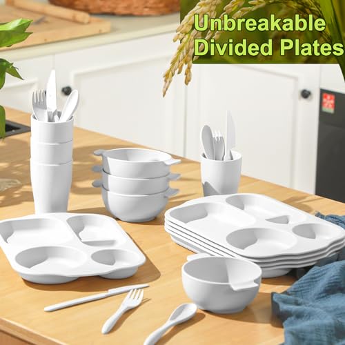 Honoson 24 Pcs Wheat Straw Dinnerware Cutlery Set, Service for 4, Unbreakable Plates and Bowls Set - Divided Plates, Bowls, Spoons, Forks & Knives, Microwave & Dishwasher Safe(White) - color: White