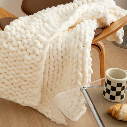 Chunky Knit Blanket Throw for Couch 40"×40" Cream | 100% Handmade Knitted Throw Blanket Fluffy Soft Blanket with Jumbo Chenille Yarn Thick - color: Cream, size: 40"*40"