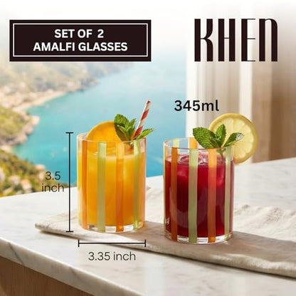 Capri Italian Design Cylindrical Tumblers, 2 Set Olive & Orange Summer Glasses Modern Cups for Water Juice Cocktail Iced Beverage Kitchen Bar Table Drinkware Entertaining Home Decor Housewarming Gifts