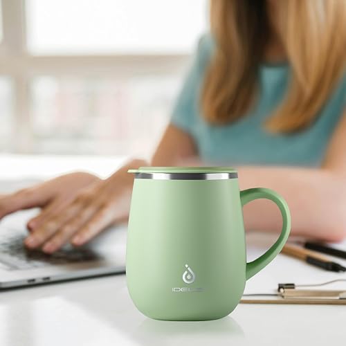 Ideus 16 oz Insulated Coffee Mug with Handle and Lid, Double Wall Stainless Steel Vacuum Thermal Coffee Mug, Travel Coffee Cup Thermal Cup for Home and Office (Avocado Green 2.0, FUJI DAWN) - color: Avocado Green 2.0