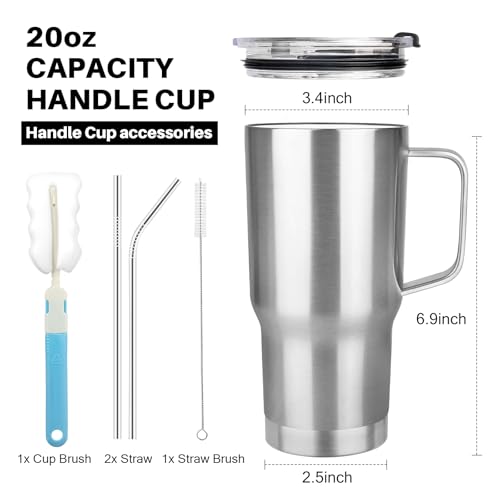20 oz Tumbler with Handle, Stainless Steel Insulated Tumbler with Lid and Straw, Double Wall Vacuum Coffee Mug Tumbler, Insulated Coffee Thermal Cup for Cold and Hot (Silver) - color: Silver, size: 20 Ounces