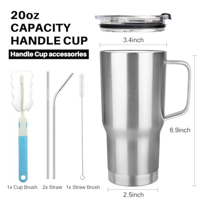 20 oz Tumbler with Handle, Stainless Steel Insulated Tumbler with Lid and Straw, Double Wall Vacuum Coffee Mug Tumbler, Insulated Coffee Thermal Cup for Cold and Hot (Silver) - color: Silver, size: 20 Ounces