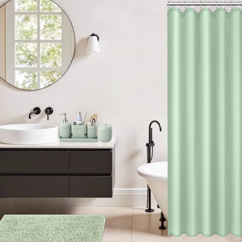 XLHOMO Light Green Bathroom Sets with Shower Curtain and Rugs, 8-Piece Resin Bathroom Accessories Sets Complete, Soap Dispenser, Toothbrush Holder, Tumbler, Tray & Apothecary Jars Bathroom Essentials - color: Green, size: Resin Bath Set Complete