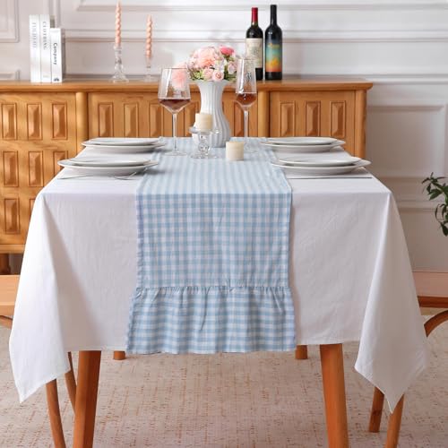 Light Blue White Plaid Gingham Ruffle Table Runner 120 inches Long 100% Washed Cotton Decorative Farmhouse Cabinet Cover (Light Blue, 120"x13") - color: Light Blue, size: 120"x13"
