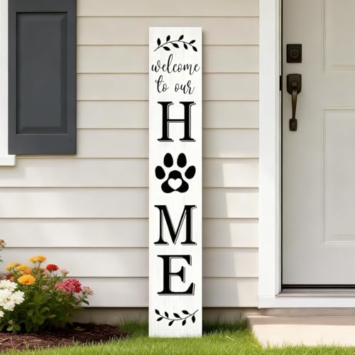Welcome Sign for Front Door, Large 47 inch Wood Framed Welcome to Our Home Sign with Dog Paw Print Hanging Rope, Vertical Farmhouse Wooden Board Standing for Front Door Porch Patio Outdoor Decor - color: White dog