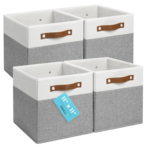 OrganiHaus 11x11 Cube Storage Bins, Set of 4 - Fabric Storage Cubes | Sturdy, holds its shape; odor-free; fits ClosetMaid 11-inch shelves; vegan leather handles - color: Gray Base / Off-White, size: (11x11) Leather Handles