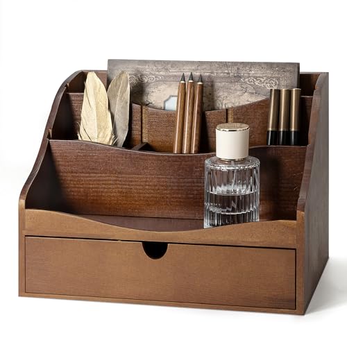Rebee Vision Mail Organizer for Desk with 4-Slot for Home & Office, Brown | Pine Wood, Rustic Mail Holder, Drawer and Dividers, Desktop Organizer, Store Jewelry, Home Decor Aesthetic - color: B-Brown