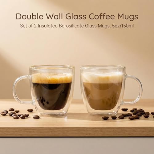 Double Wall Glass Coffee Mugs 5oz / 150ml, Set of 2 Insulated Mugs with Handles, Stylish Tazas de Cafe Con Estilo