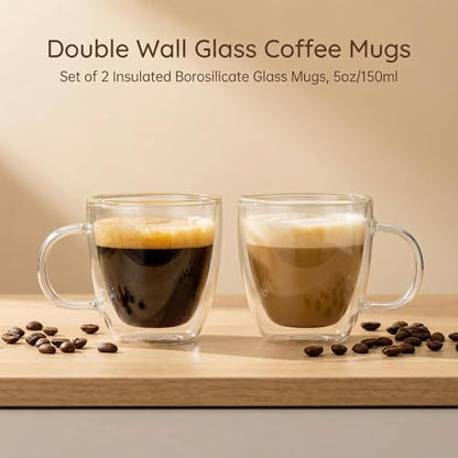 Double Wall Glass Coffee Mugs 5oz / 150ml, Set of 2 Insulated Mugs with Handles, Stylish Tazas de Cafe Con Estilo