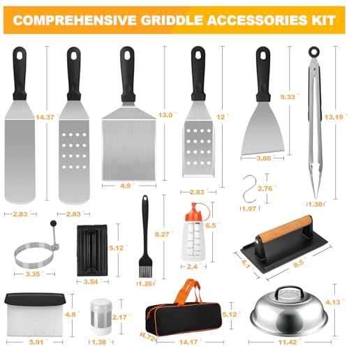 Terlulu Griddle Accessories Kit, 28 PCS Flat Top Grill Accessories for Blackstone and Camp Chef, Metal Spatula Set with Burger Press, Melting Dome, Tongs, Scraper, Carry Bag for Outdoor Grilling BBQ - style: with Rectangular Burger Press