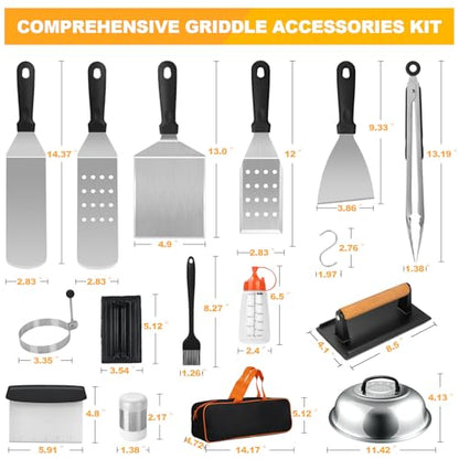 Terlulu Griddle Accessories Kit, 28 PCS Flat Top Grill Accessories for Blackstone and Camp Chef, Metal Spatula Set with Burger Press, Melting Dome, Tongs, Scraper, Carry Bag for Outdoor Grilling BBQ - style: with Rectangular Burger Press