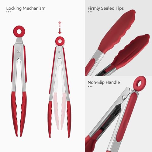 U-Taste 600ºF High Heat 7in Silicone Kitchen Tong and 600ºF Heat Resistat Spatula Spoon Flexible Silicone Cooking Scoop Spoonula (Red)