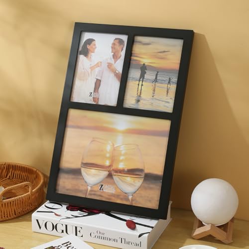 3-Opening Collage Frame 8x10 + 2(5x7) Black Wood | Holds 8x10 and two 5x7 photos, shatter-resistant glass, tabletop & wall mount - size: 8x10 & 5x7 - 3 Opening