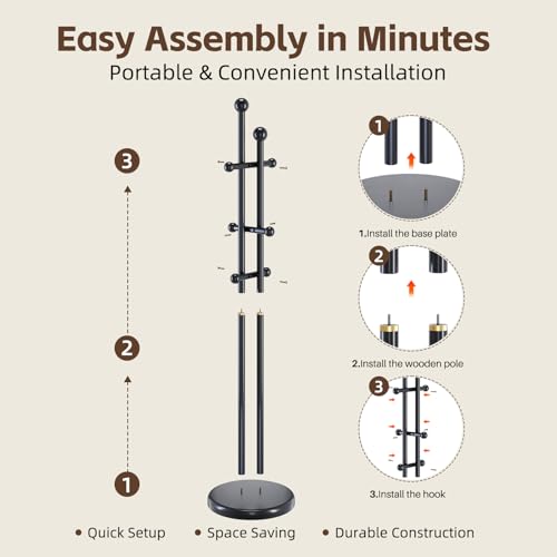 Uniclinens Wood Coat Rack Freestanding - Heavy Duty Freestanding Coat Rack, Wooden Coat Stand with 6 Hooks Creative Tree Branch-look for Entryway, Hallway, Bedroom (Black) - color: Black-2, size: 6 Hooks