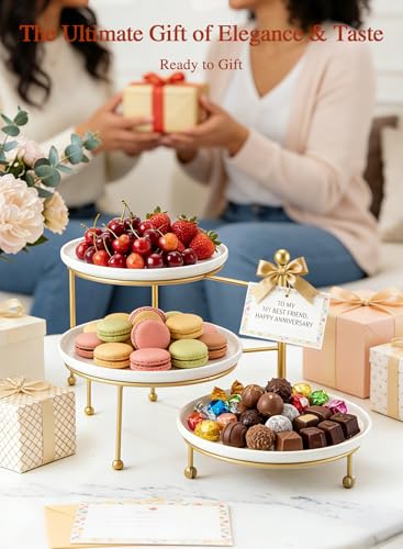 Tiered Serving Tray for Party, 10 Inch Dessert Display Stand, Gold | 3*Porcelain Durable Round Serving Plates, Microwave/Dishwasher Safe, Elegant Display, Wedding/Tea/Party serving - color: Gold