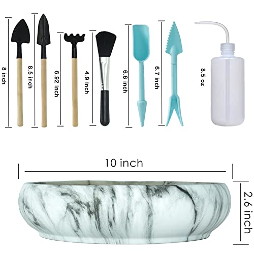 Succulent Pots, 10 Inch Large Bonsai Pots with Drainage, Ceramic Planters | Shallow Pots for Cactus Flower Plants Plus Succulent Planting Tools Set & 2.2lb Mix Pebbles - color: White&black With Tools