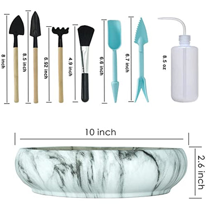 Succulent Pots, 10 Inch Large Bonsai Pots with Drainage, Ceramic Planters | Shallow Pots for Cactus Flower Plants Plus Succulent Planting Tools Set & 2.2lb Mix Pebbles - color: White&black With Tools